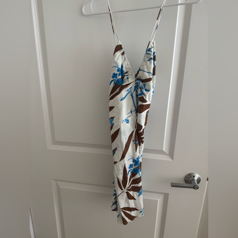 Zara White and Brown Dress with Blue Accents
